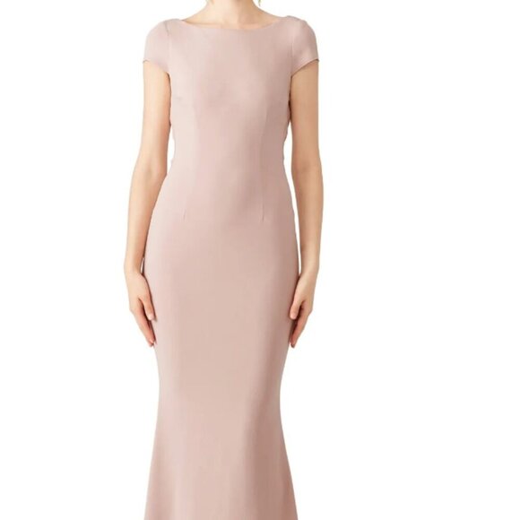Katie May Blush Pink Boat Neck Low back Bow Full Length Designer Formal Gown - Picture 4 of 15